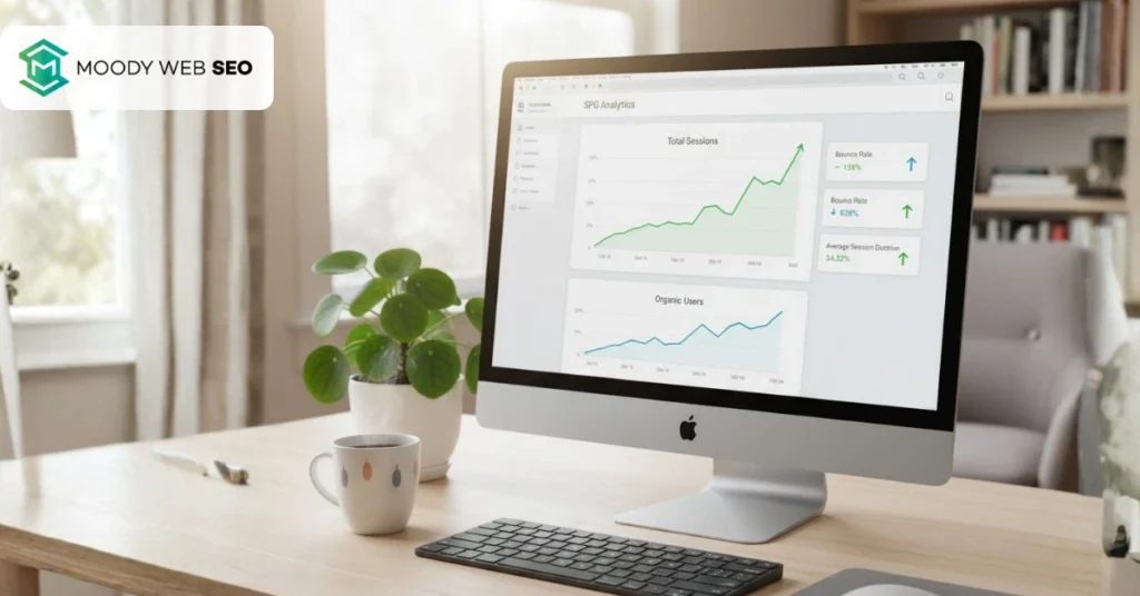 SEO Content Refresh Strategy in 2025: How to Revive Old Posts and Boost Traffic analytics dashboard showing upward trend