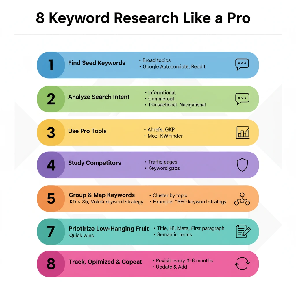 How to Do Keyword Research Like a Pro infographic of keyword research steps