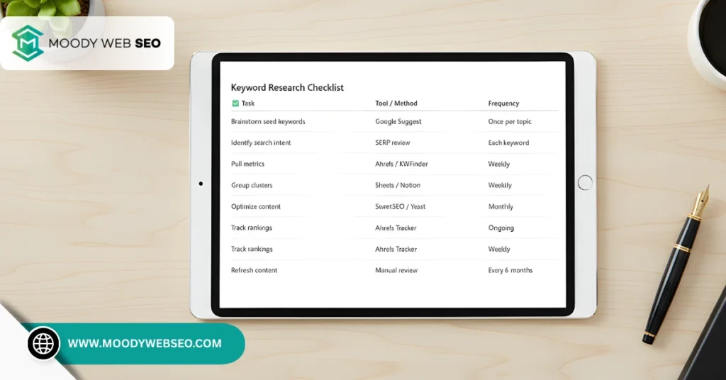 How to Do Keyword Research Like a Pro keyword checklist on tablet